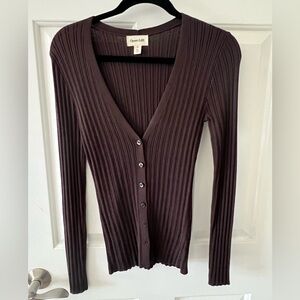 Open Edit Women's Brown Ribbed Cardigan